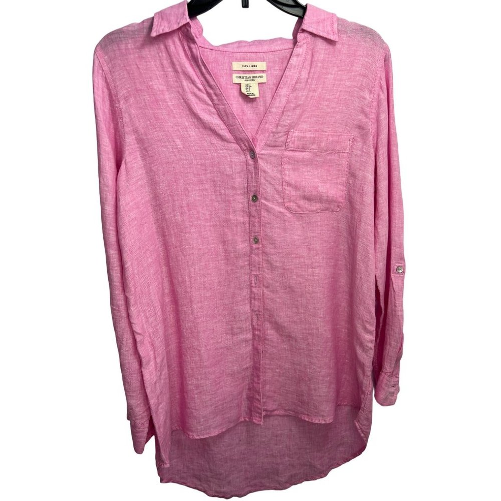 Christian Siriano Womens Shirt 100% Linen V Neck Tab Roll Up Sleeve Pink Small S